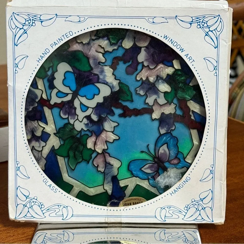 NIB Joan Baker Designs Hand Painted Stained Glass Suncatcher Butterfly Flowers